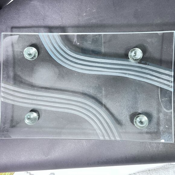 Vtg Unique Concave Art Glass Serving Decor Tray Cut Etched Wavy Lines Ball Feet - Picture 6 of 8